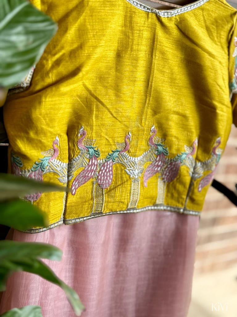 Pastel Pink Organza Saree with Vibrant Yellow Blouse