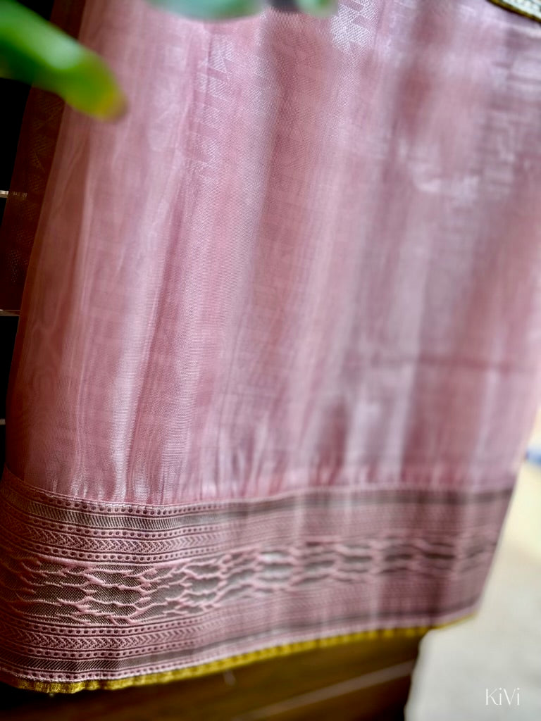 Pastel Pink Organza Saree with Vibrant Yellow Blouse