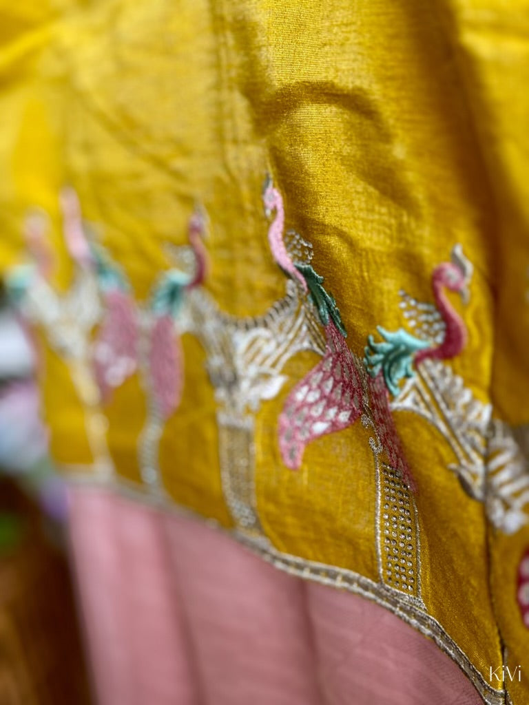 Pastel Pink Organza Saree with Vibrant Yellow Blouse