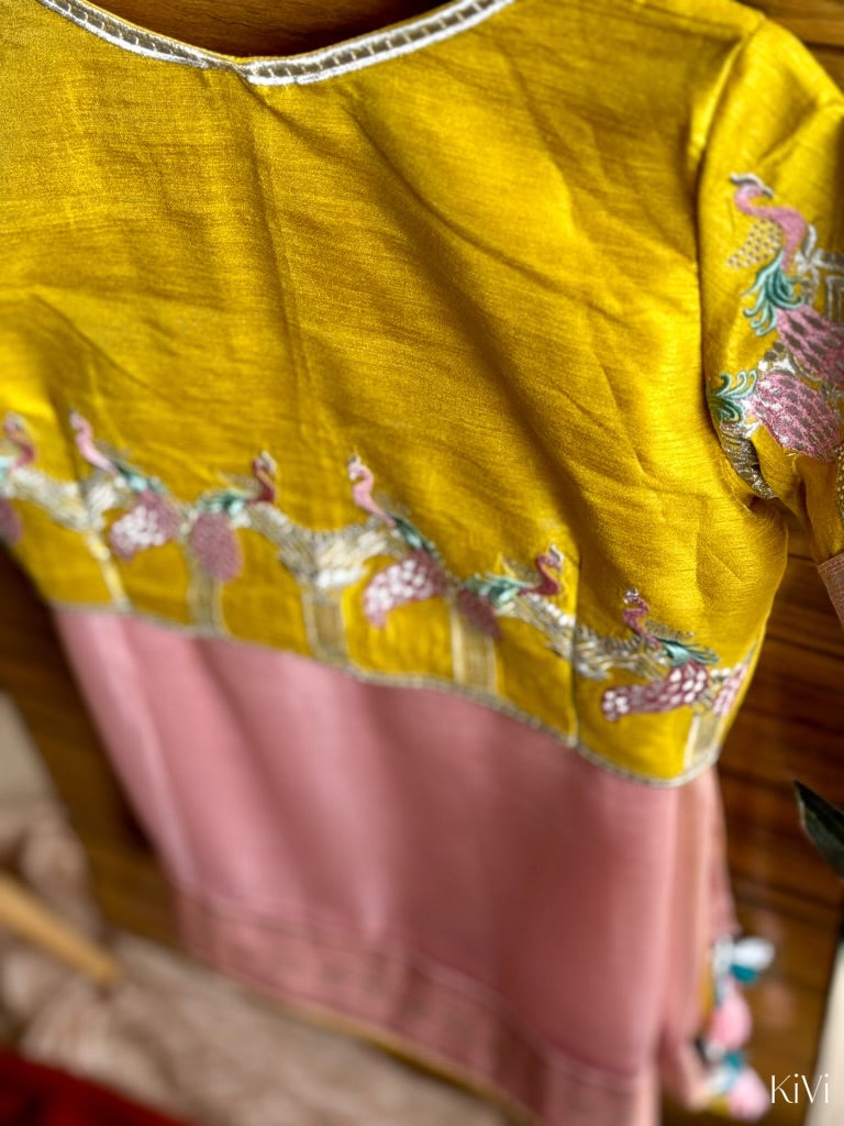 Pastel Pink Organza Saree with Vibrant Yellow Blouse