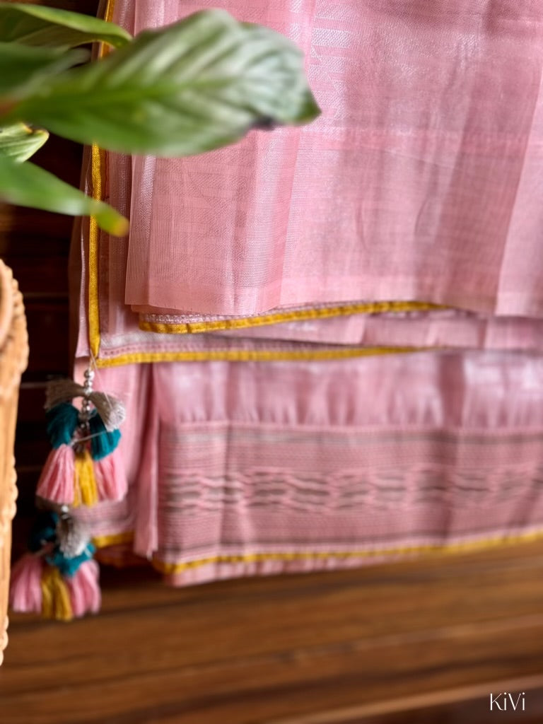 Pastel Pink Organza Saree with Vibrant Yellow Blouse