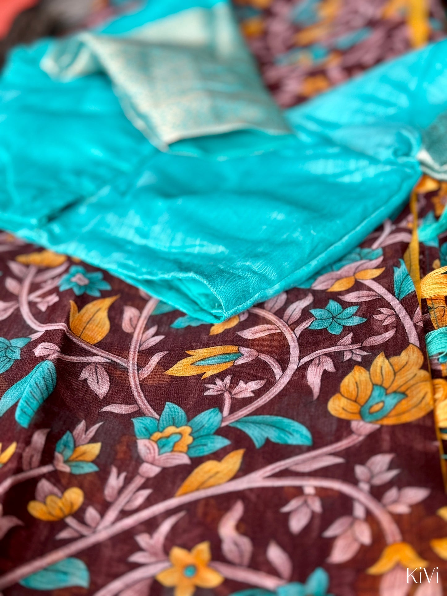 Kalamkari Cotton Saree with Stitched Blue Blouse