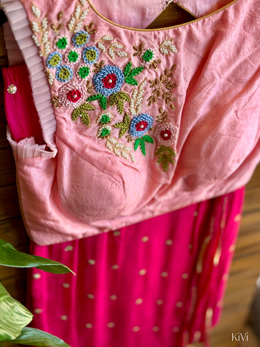 Pink Crape Saree with Custom Ruffled Sleeve Blouse