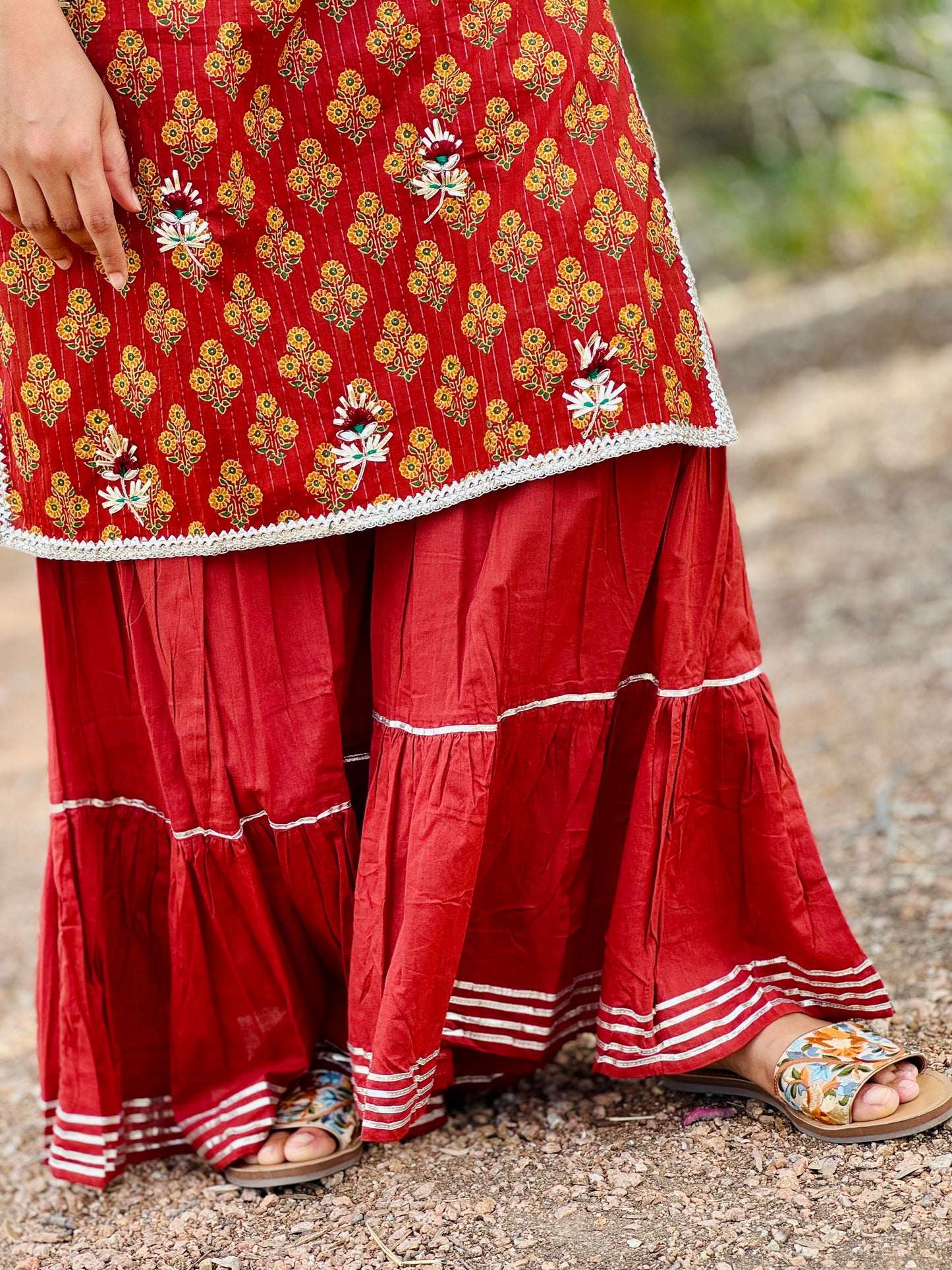 Floral Red/Orange Sharara 3Pc Set