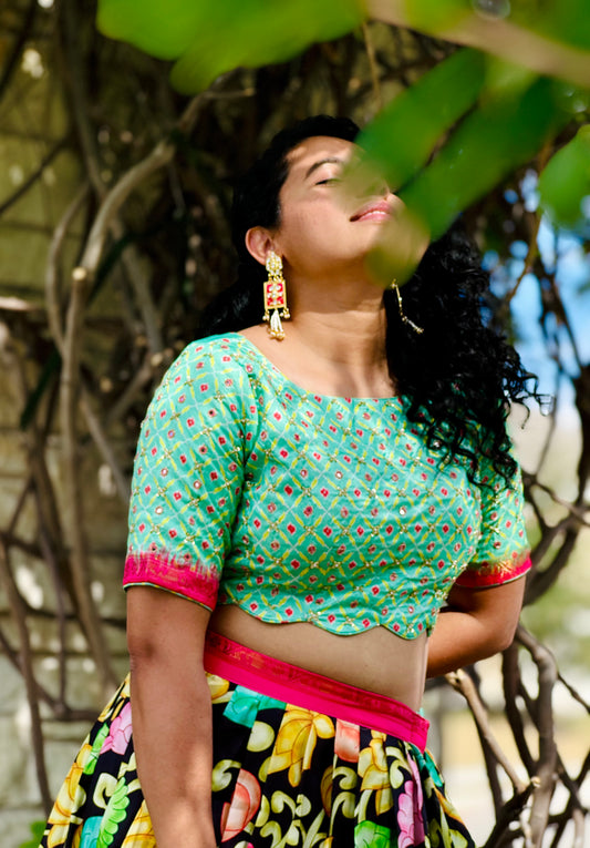 Kalamkari Lehenga with Mint Green Crop Top