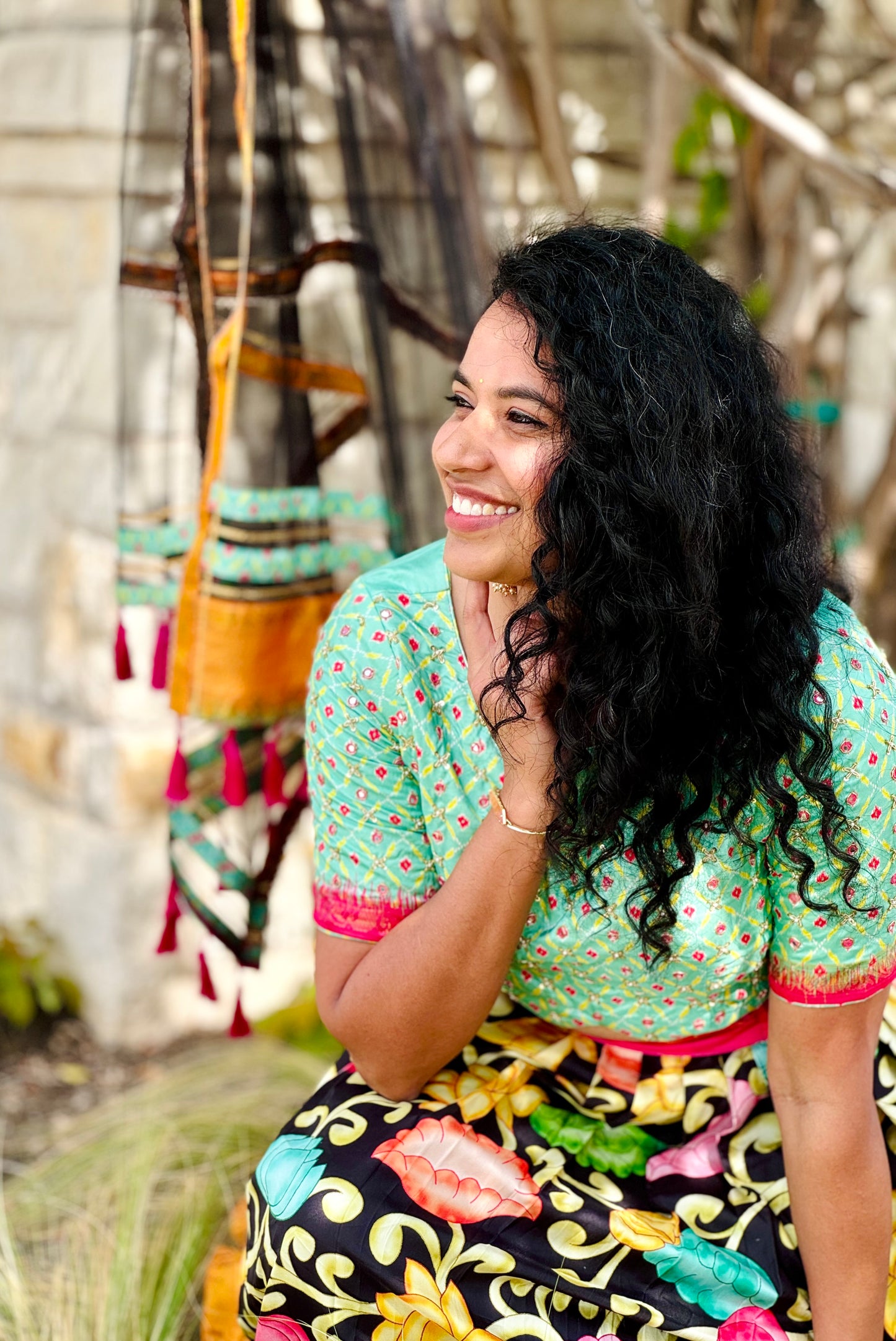 Kalamkari Lehenga with Mint Green Crop Top