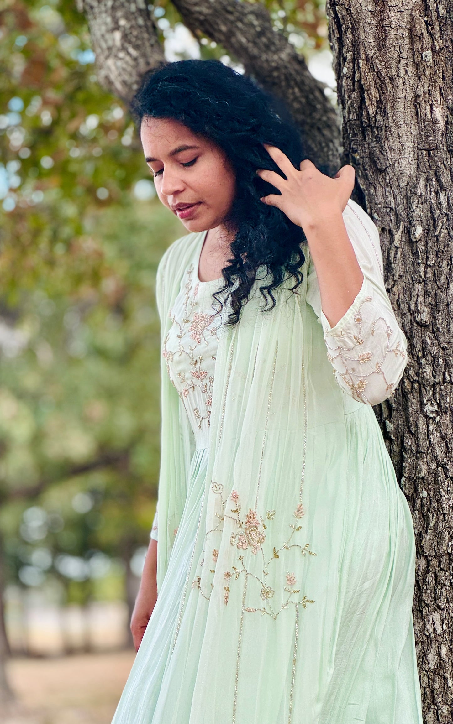 Pastel Green Georgette Dress with Cape