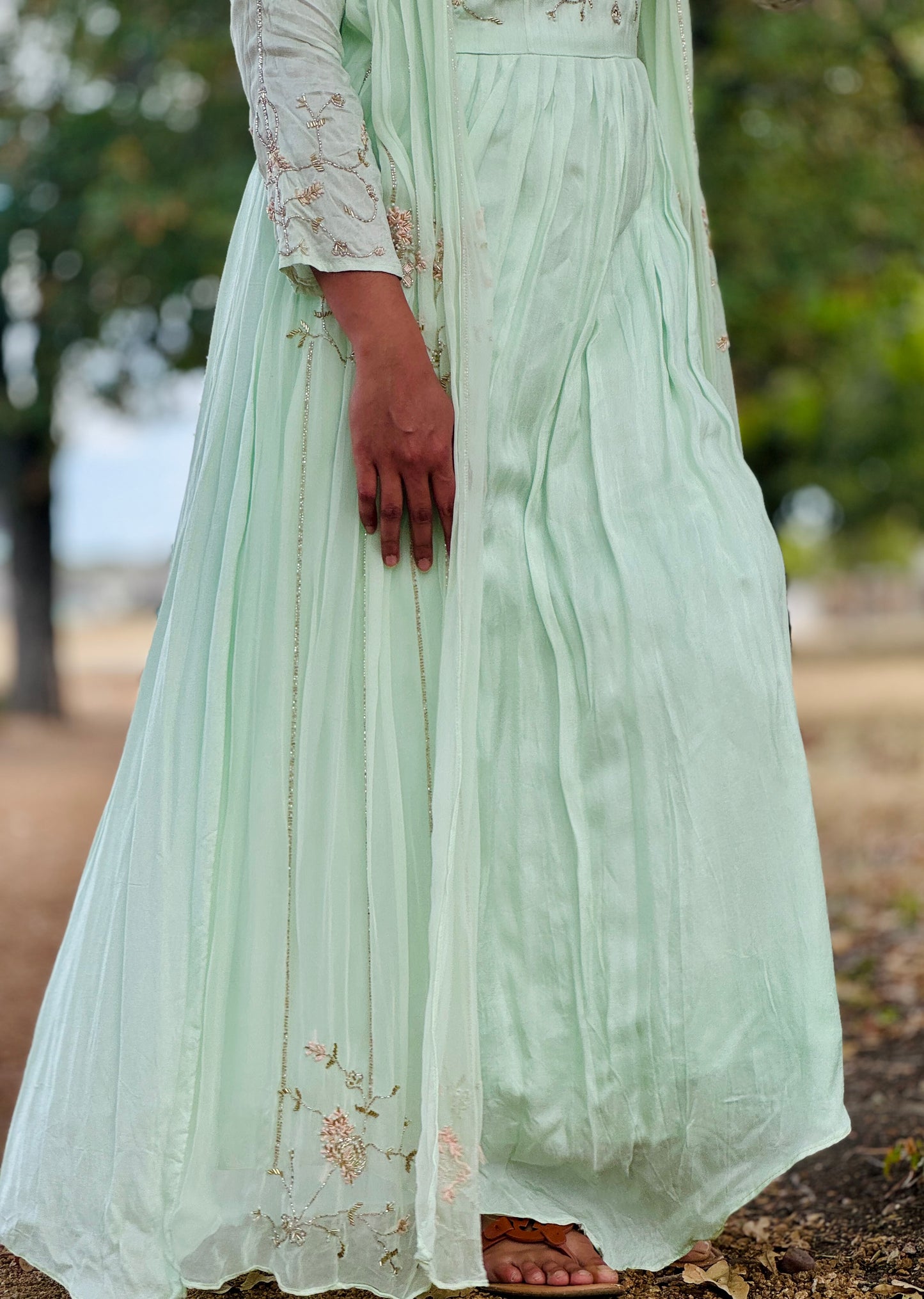 Pastel Green Georgette Dress with Cape