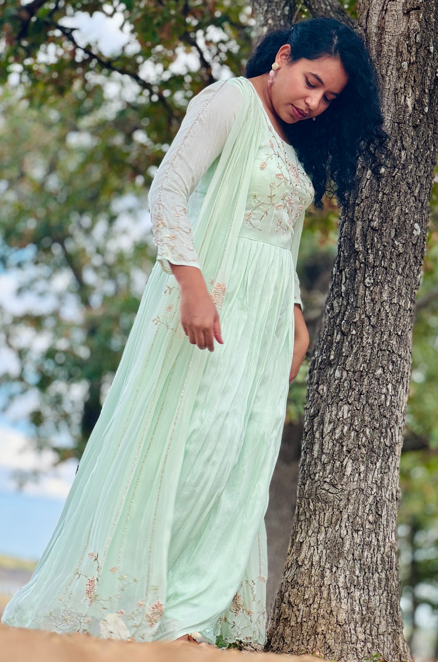 Pastel Green Georgette Dress with Cape