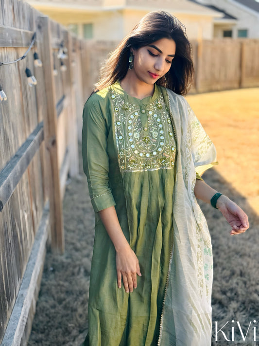 Green Dola Silk Suit Set with Handwork