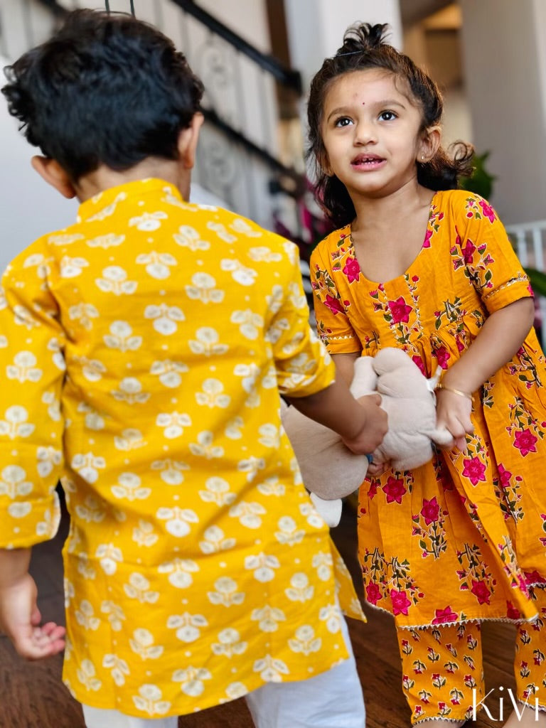 Baby Girls Floral Printed Yellow Kurti Set