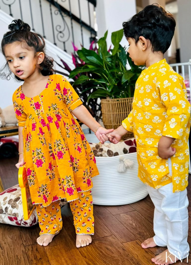 Baby Girls Floral Printed Yellow Kurti Set