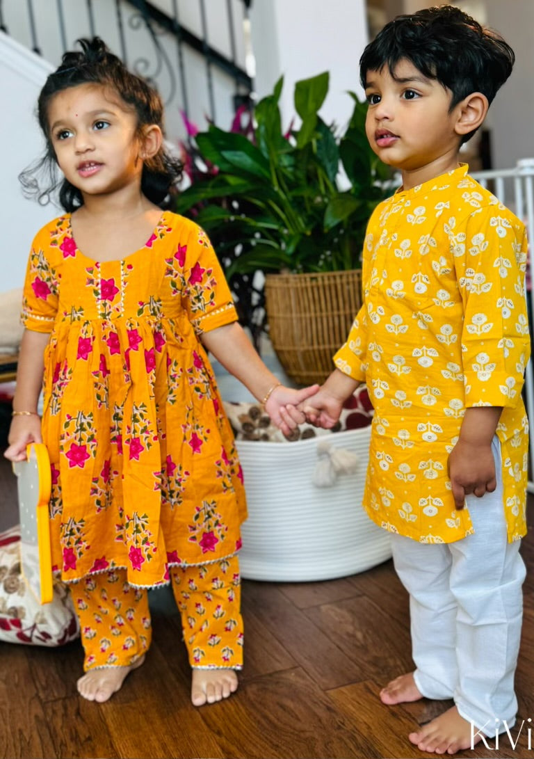 Baby Girls Floral Printed Yellow Kurti Set