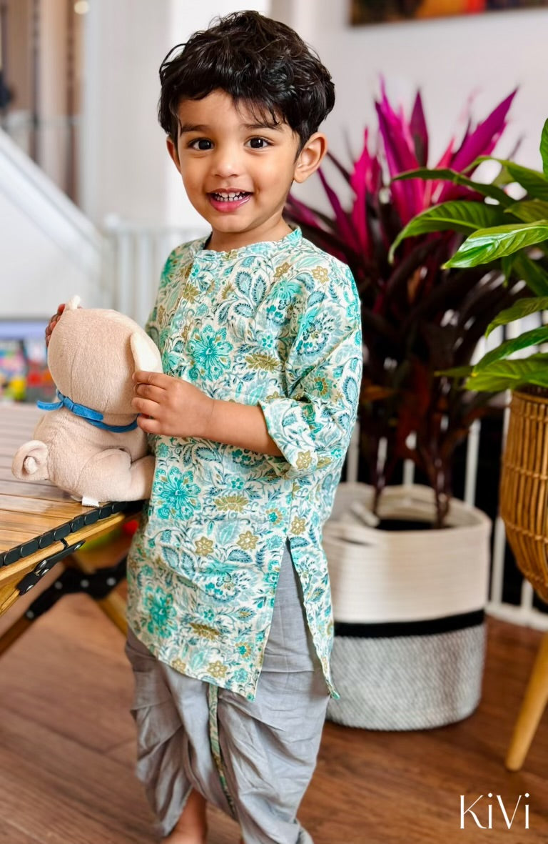 Baby Boys Turquoise Floral Kurta with Gray Dhoti Pants