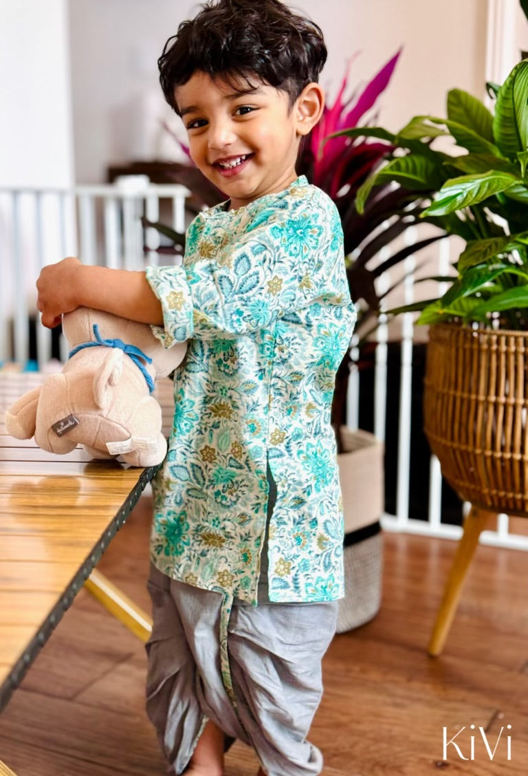 Baby Boys Turquoise Floral Kurta with Gray Dhoti Pants