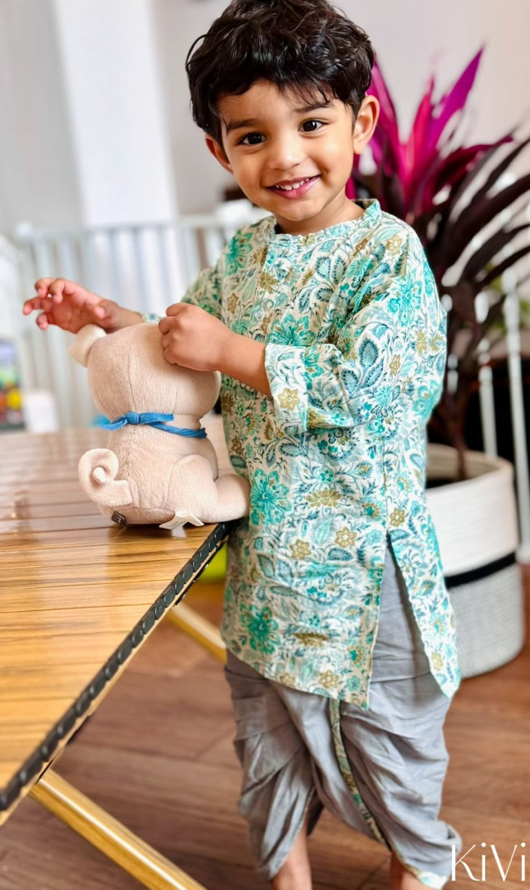 Baby Boys Turquoise Floral Kurta with Gray Dhoti Pants