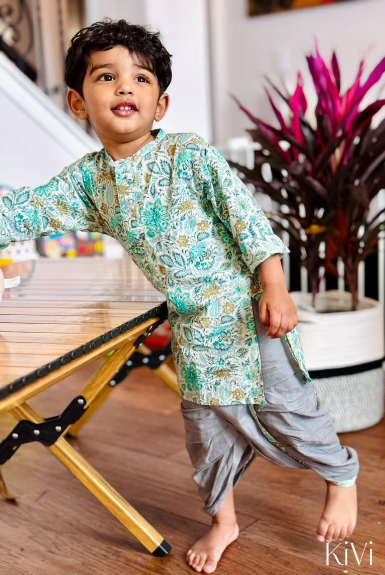 Baby Boys Turquoise Floral Kurta with Gray Dhoti Pants