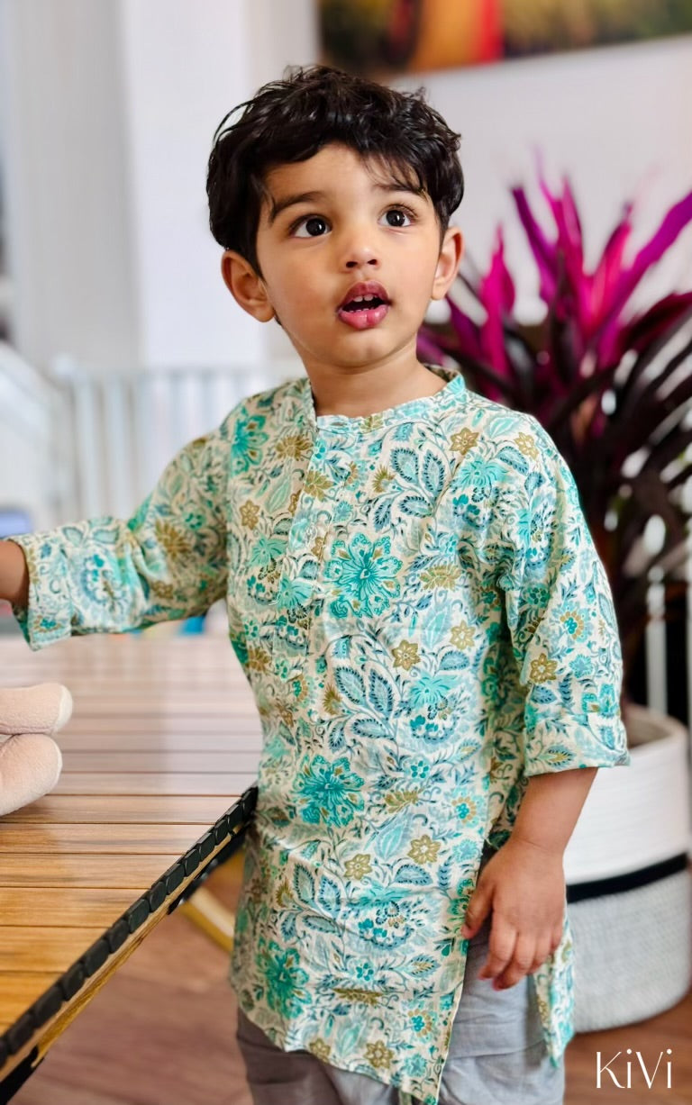 Baby Boys Turquoise Floral Kurta with Gray Dhoti Pants