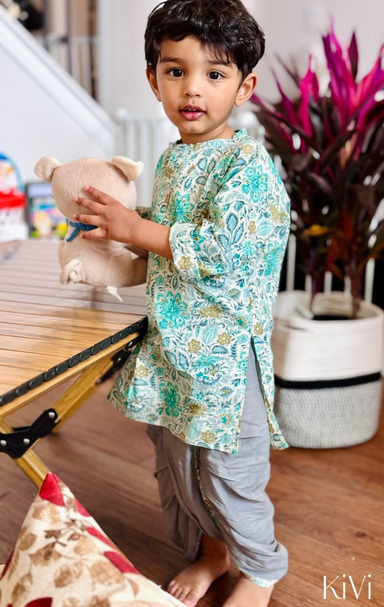 Baby Boys Turquoise Floral Kurta with Gray Dhoti Pants