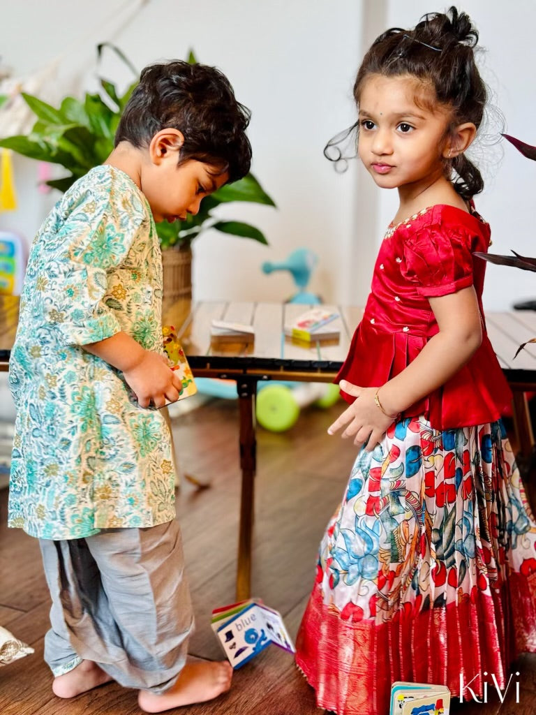 Baby Boys Turquoise Floral Kurta with Gray Dhoti Pants