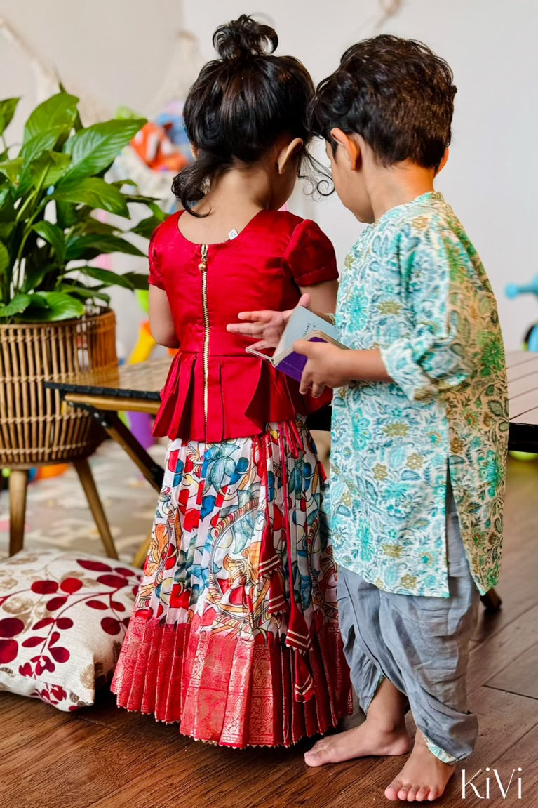 Baby Boys Turquoise Floral Kurta with Gray Dhoti Pants