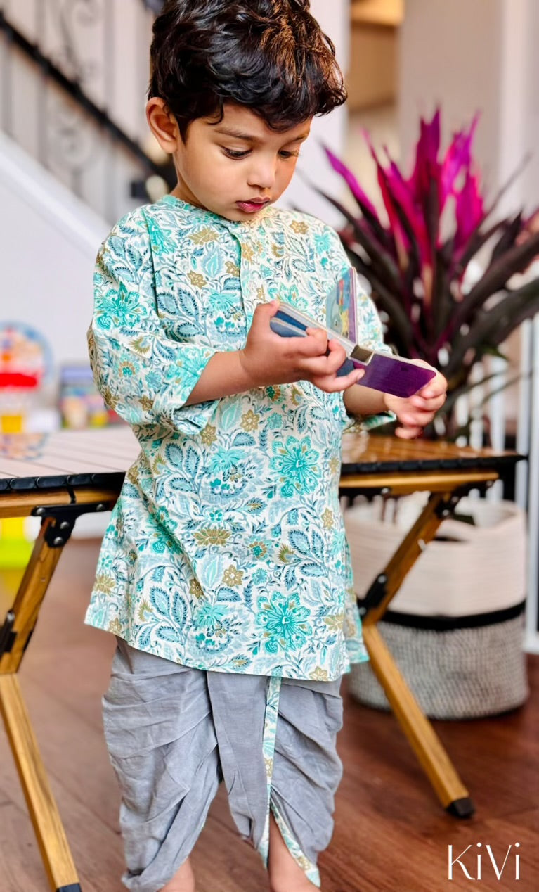 Baby Boys Turquoise Floral Kurta with Gray Dhoti Pants