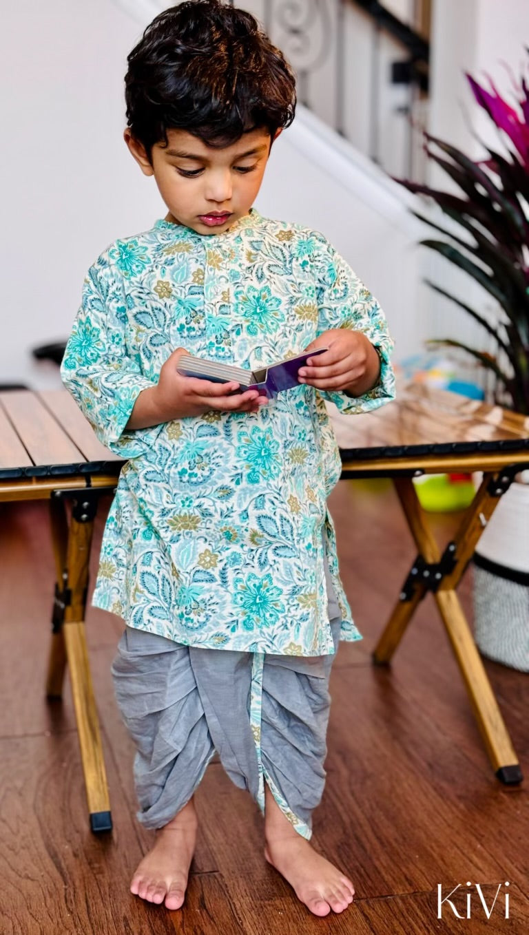 Baby Boys Turquoise Floral Kurta with Gray Dhoti Pants